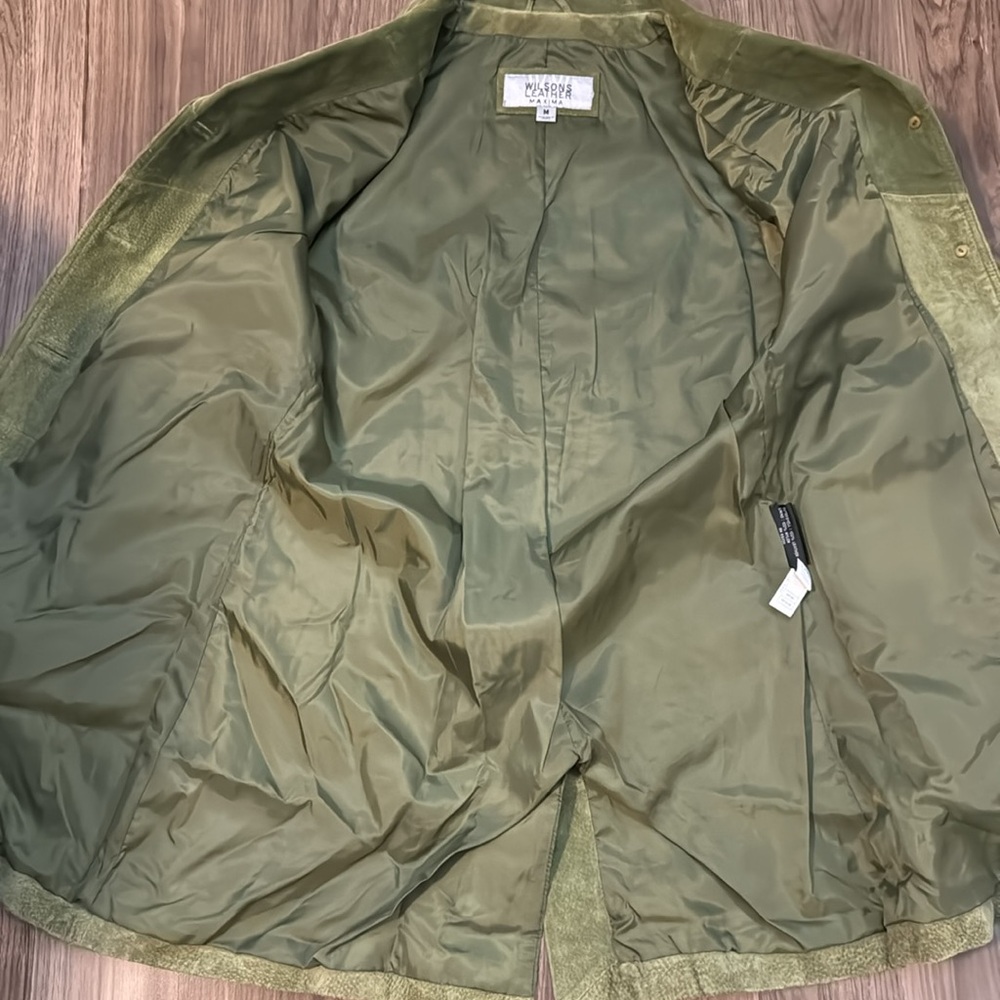 Wilsons Leather Soft Suede Vtg Avocado Green Pockets Lined Button Car Coat M - Picture 9 of 17